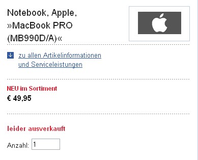 MacBook Pro bei Otto ausverkauft.